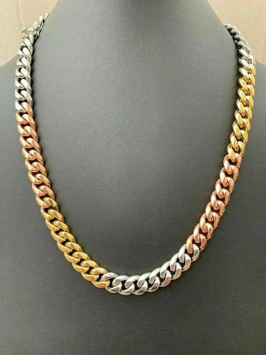 12mm Men's Miami Cuban Link Chain 3 Tri Color Real Gold Over Stainless 18-30"