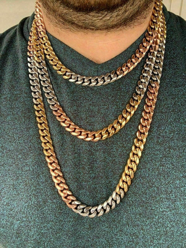 12mm Men's Miami Cuban Link Chain 3 Tri Color Real Gold Over Stainless 18-30"