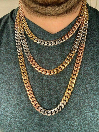 12mm Men's Miami Cuban Link Chain 3 Tri Color Real Gold Over Stainless 18-30"