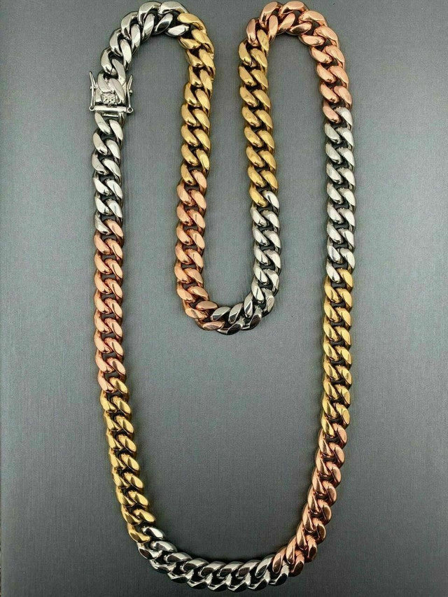 12mm Men's Miami Cuban Link Chain 3 Tri Color Real Gold Over Stainless 18-30"