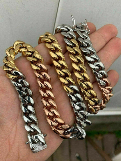 12mm Men's Miami Cuban Link Chain 3 Tri Color Real Gold Over Stainless 18-30"