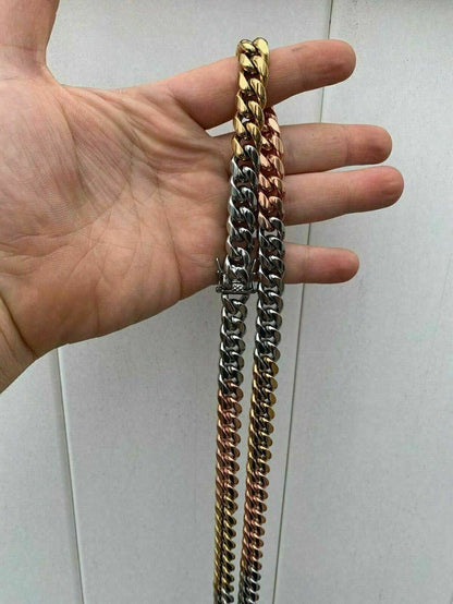 12mm Men's Miami Cuban Link Chain 3 Tri Color Real Gold Over Stainless 18-30"