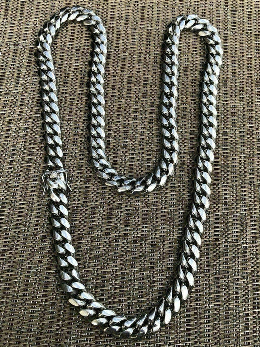 12mm Mens Miami Cuban Link Chain Stainless Steel HEAVY Looks Like Silver Hip Hop