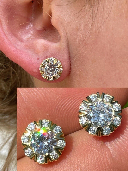 14k Gold & 925 Silver Iced CZ Out Hip Hop Earrings Studs Large 10mm Mens Ladies
