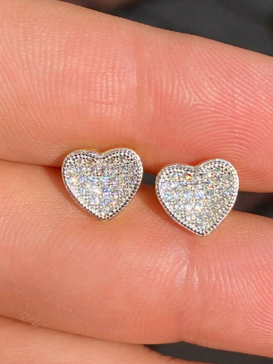 14k Gold & Real 925 Silver Heart Shaped Earrings Studs Iced Ladies Girls Aretes