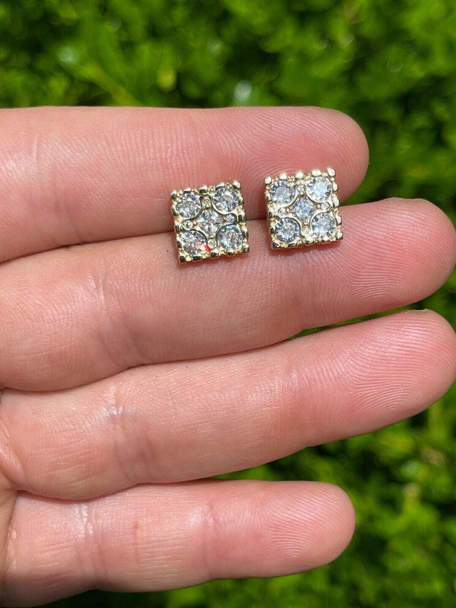14K Gold & Real 925 Silver Iced Large Out CZ HipHop Earrings Square Nugget Studs