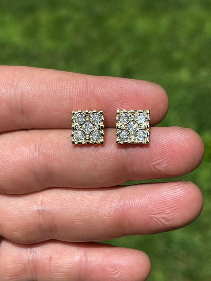 14K Gold & Real 925 Silver Iced Large Out CZ HipHop Earrings Square Nugget Studs