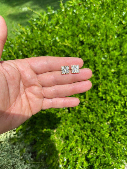 14K Gold & Real 925 Silver Iced Large Out CZ HipHop Earrings Square Nugget Studs