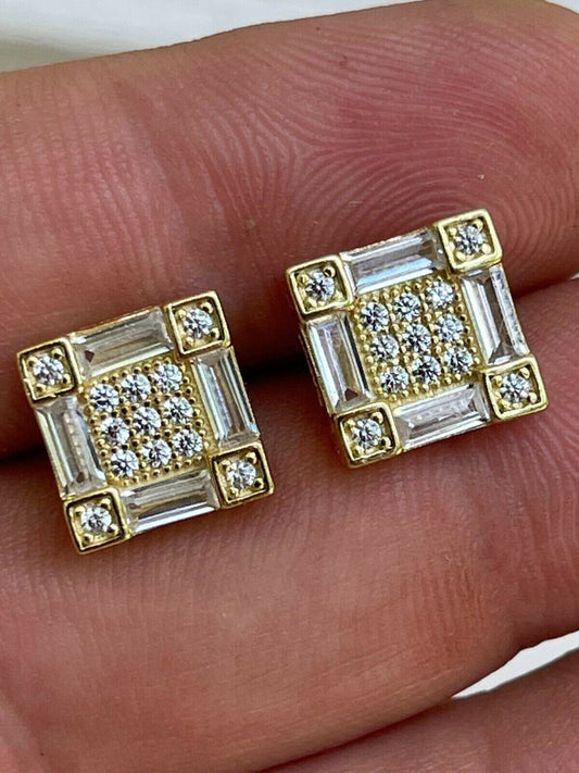 14K Gold & Real 925 Silver Square Iced Baguette Diamond Hip Hop Earrings Studs