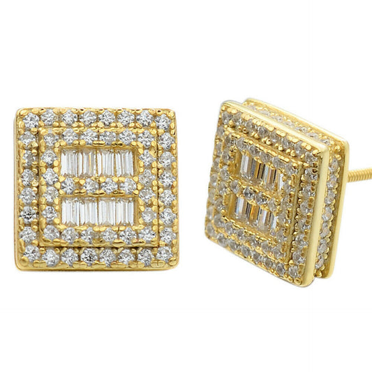 14k Gold & Solid Sterling Silver Ice Baguette Diamond Earrings Studs 10mm Square
