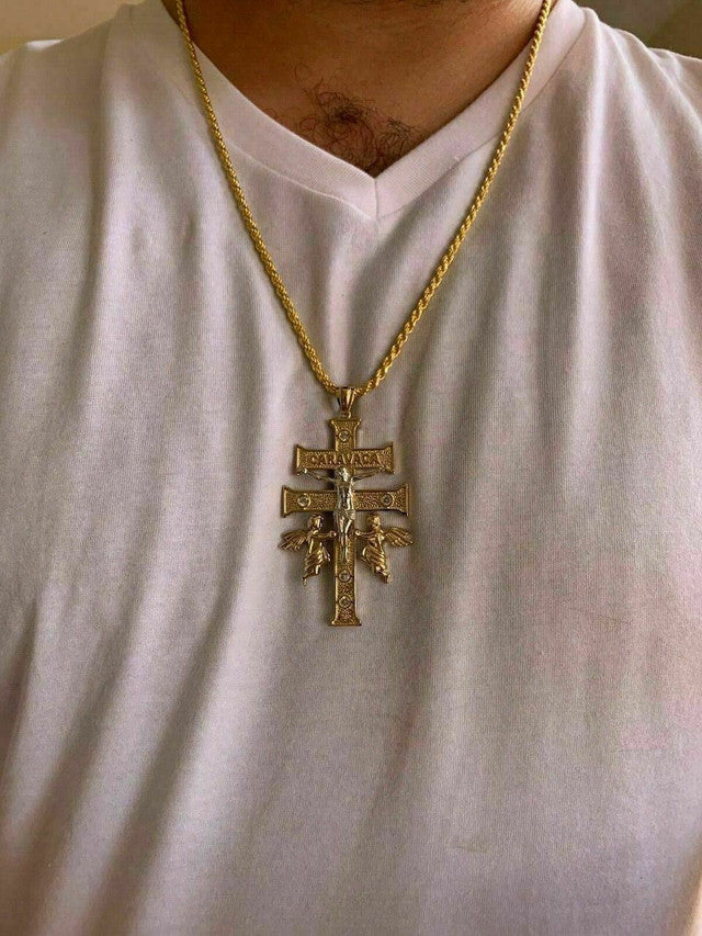 14k Gold Over Solid 925 Silver Caravaca Cross Double Crucifix For Men LARGE 2.5"