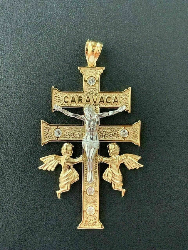 14k Gold Over Solid 925 Silver Caravaca Cross Double Crucifix For Men LARGE 2.5"