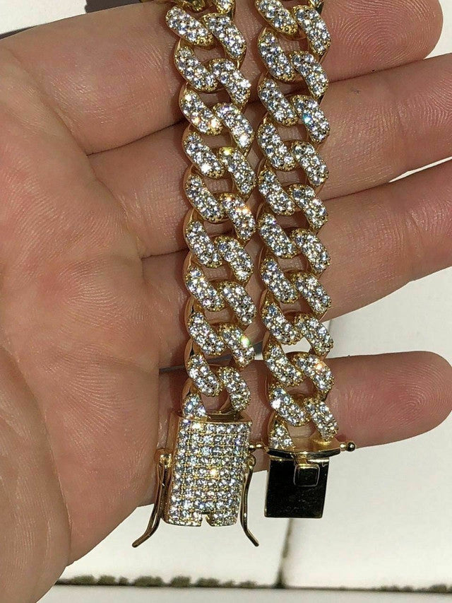 14k Gold Over Solid 925 Silver Men’s Miami Cuban Link Bracelet ICY Diamonds 12mm