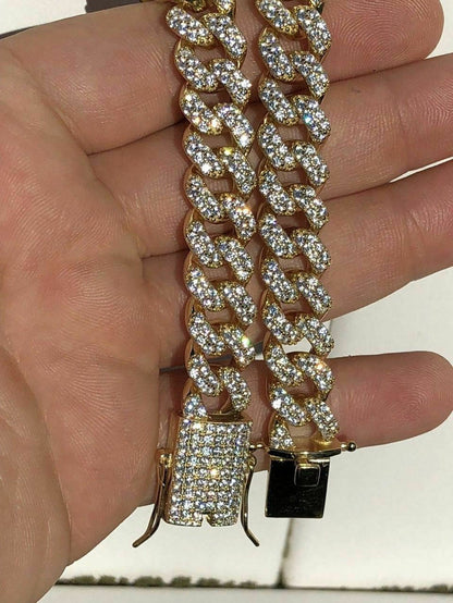 14k Gold Over Solid 925 Silver Men’s Miami Cuban Link Bracelet ICY Diamonds 12mm