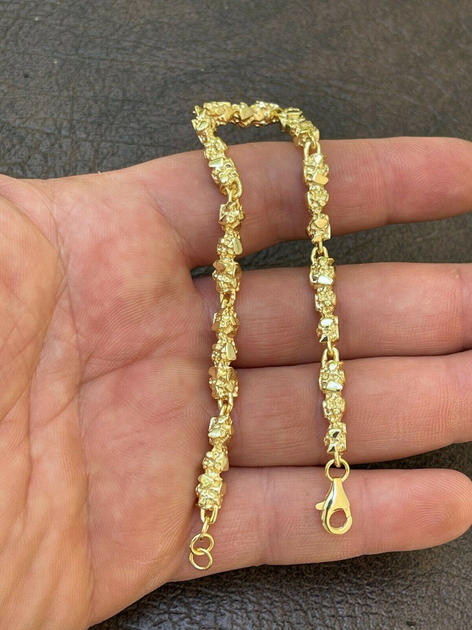 14k Gold Plated 925 Sterling Silver Nugget Link Bracelet Men