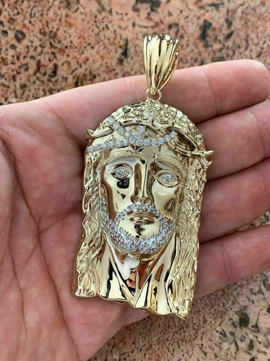 14k Gold Over Solid 925 Sterling Silver Jesus Piece Necklace Large 2.5" ITALY