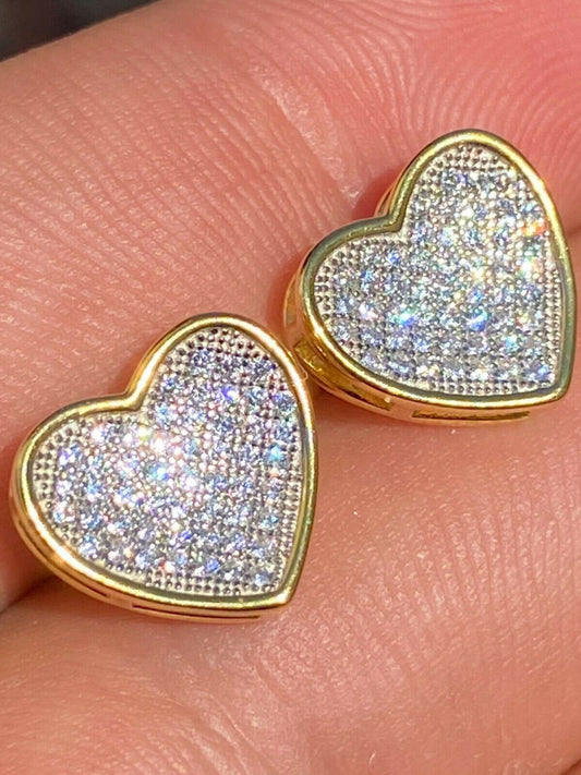 14K Gold Real 925 Silver Heart Earrings Diamond Studs Iced Screw Back Aretes