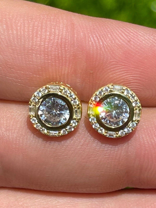 14k Gold Vermeil 925 Silver Iced Solitaire Diamond Hip Hop Earrings Studs Large