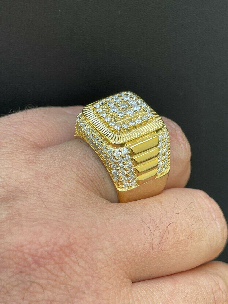 Solid Mens Hip Hop Iced 2ct MOISSANITE Ring 925 Sterling 14k Gold - Passes Diamond Tester GRA