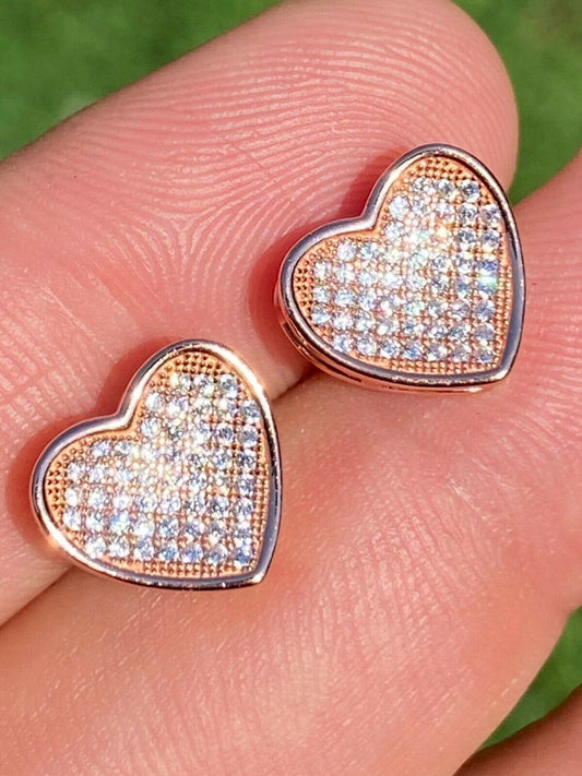 14K Rose Gold Over Real 925 Silver Heart Shape Earrings Diamond Stud Iced Aretes