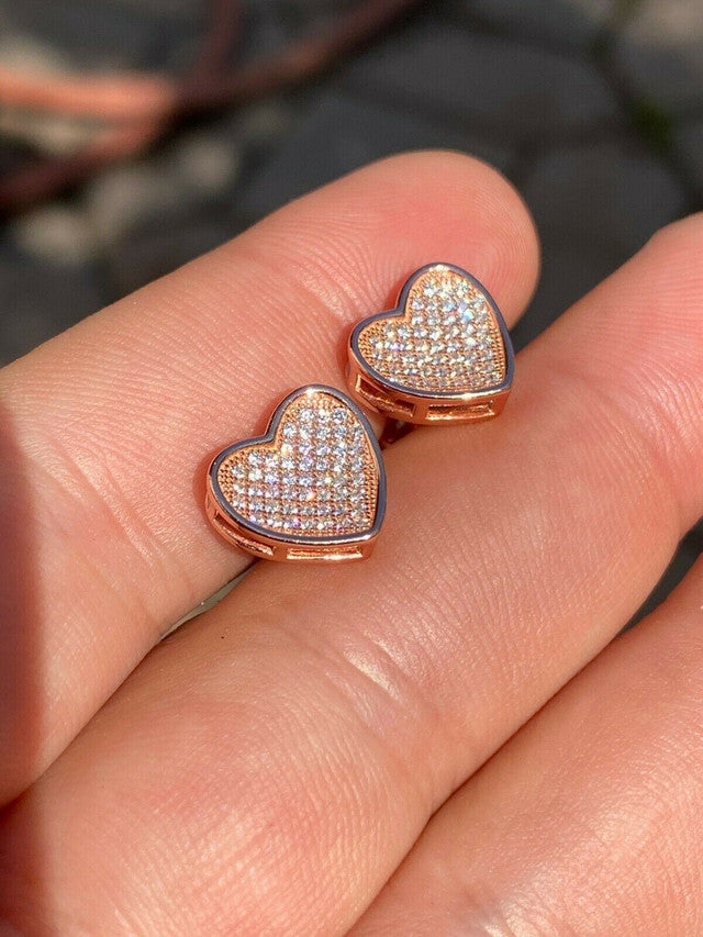 14K Rose Gold Over Real 925 Silver Heart Shape Earrings Diamond Stud Iced Aretes