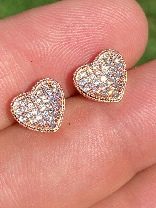 14k Rose Gold Over Real 925 Silver Heart Shaped Earrings Diamond Studs Aretes