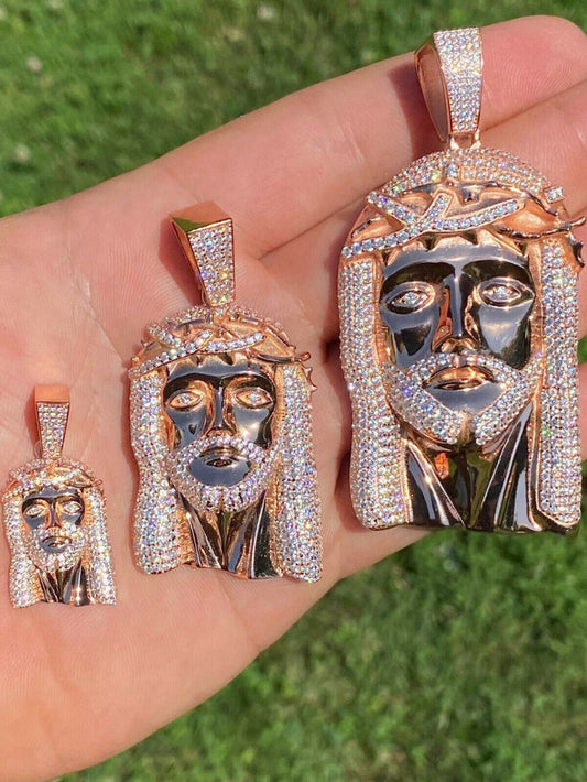14k Rose Gold Over Real 925 Silver Hip Hop Jesus Piece Pendant Iced Men Necklace