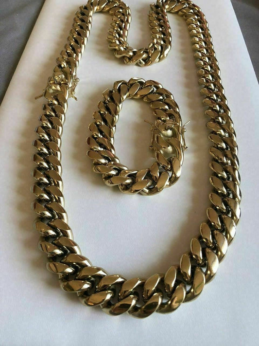 18mm Men Cuban Miami Link Bracelet Kilo Chain Set 14k Gold Over Stainless Steel