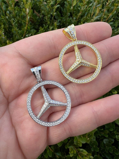 1ct MOISSANITE 925 Silver/Gold Plated Iced Mercedes Benz Logo Pendant Necklace