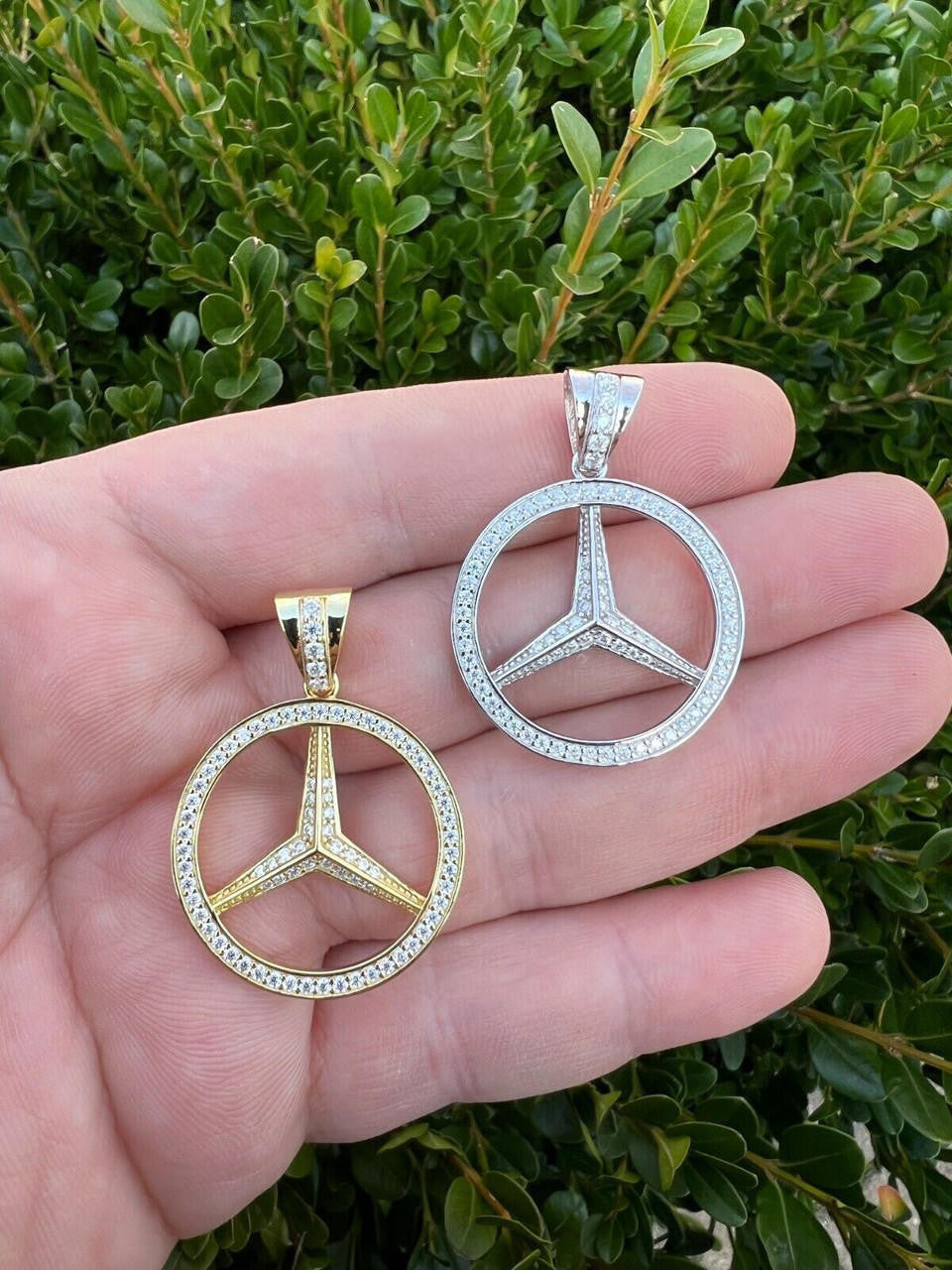 1ct MOISSANITE 925 Silver/Gold Plated Iced Mercedes Benz Logo Pendant Necklace