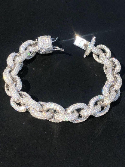 Rolo Link 22Ct Iced-out Moissanite Bracelet in White Gold 13mm