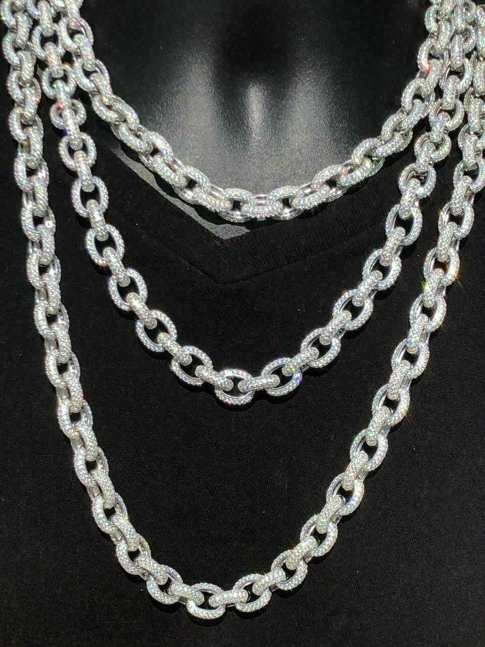Blecher Rolo Link Chain 12mm White Gold Icy Moissanite Necklace