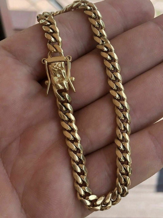 6mm Men's Cuban Miami Link Bracelet 14k Gold Plated Stainless Steel 8" Long