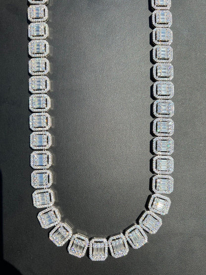 Baguette Moissanite Square Tennis Link Chain in White Gold 15mm
