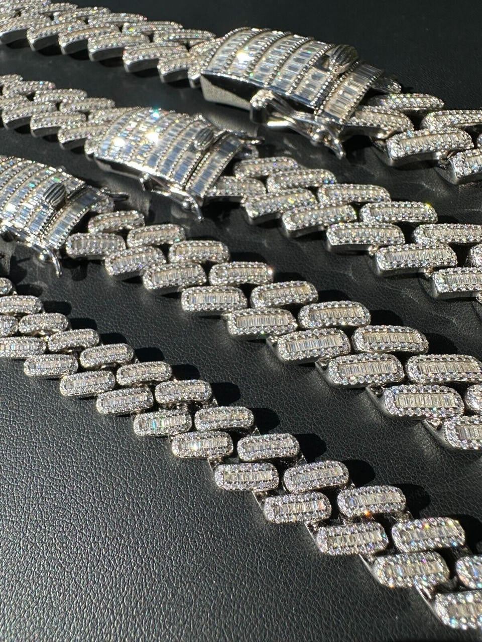 Baguette Moissanite Miami Cuban Link Chain Necklace in White Gold