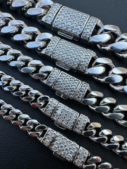 Solid White Gold Miami Cuban Link Chain Baguette Moissanite Clasp