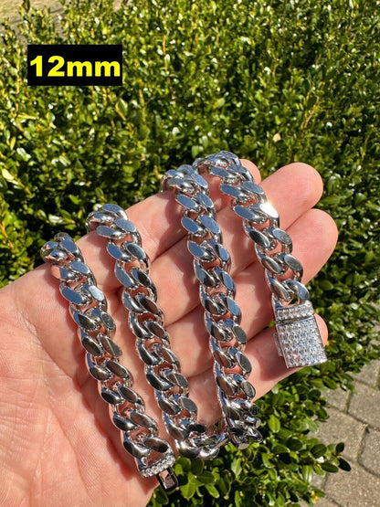Solid White Gold Miami Cuban Link Chain Baguette Moissanite Clasp