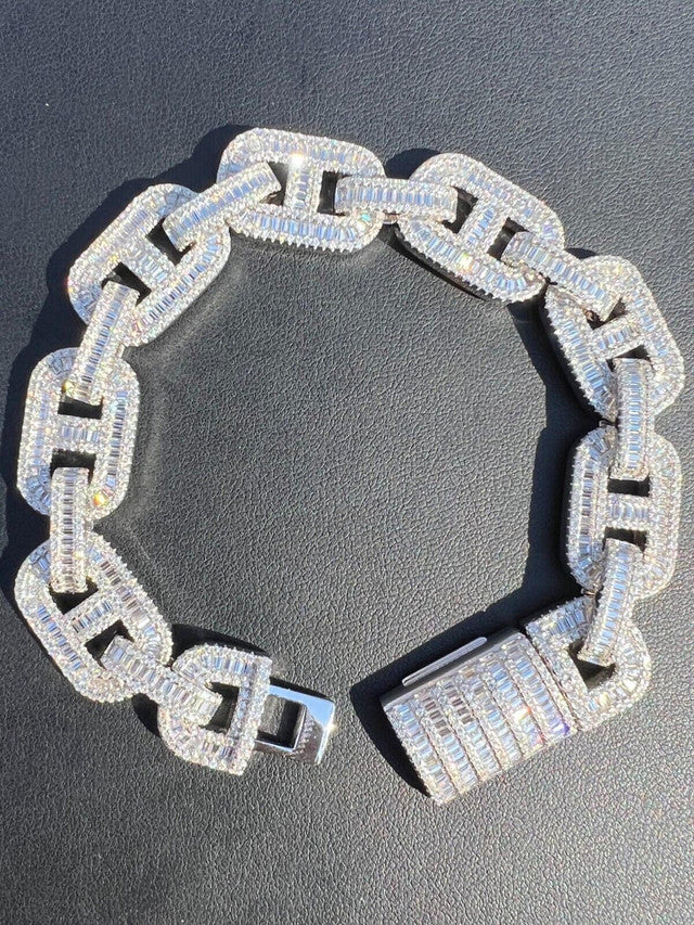 Baguette MOISSANITE Solid 925 Silver Iced Gucci Link Bracelet Pass Diamond Test