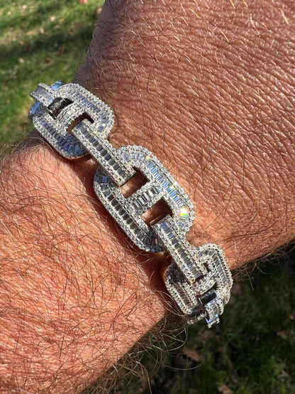 Baguette MOISSANITE Solid 925 Silver Iced Gucci Link Bracelet Pass Diamond Test