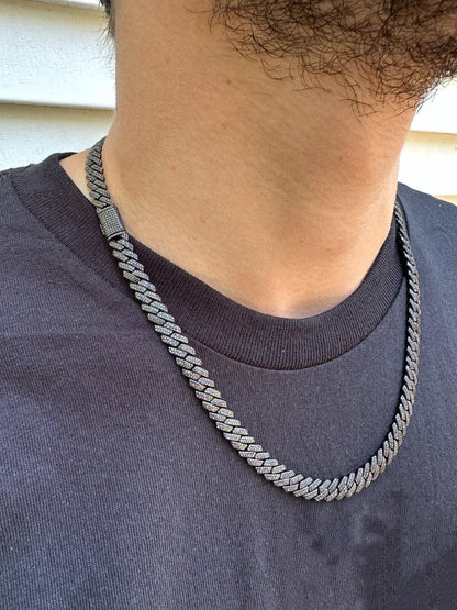 BLACK MOISSANITE 8mm Real Miami Cuban Link Prong Chain Iced Black Rhodium Over 925 Silver Necklace
