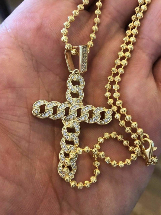 Cuban Link Cross Pendant W. Chain Sterling Silver 925 *14k Gold Plated* Diamond