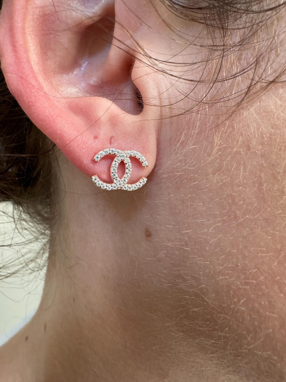 Double C Ladies Iced Moissanite Earrings 925 Silver 14k Yellow/Rose Gold Chanel