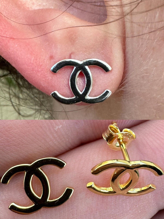 Double C Ladies Plain Earrings Real 925 Silver 14k Yellow/Rose Gold Chanel