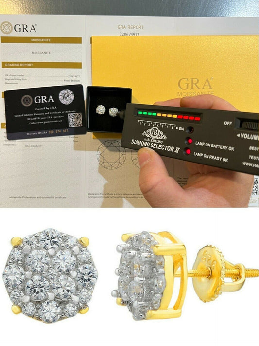 Gold Vermeil MOISSANITE Iced Hip Hop Earrings Cluster Studs Pass Diamond Tester