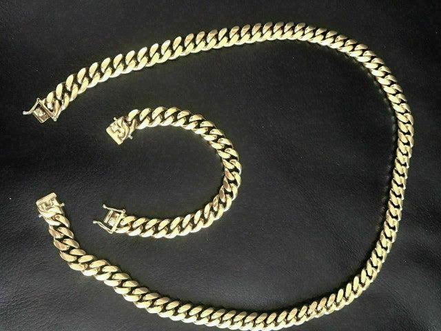 HARLEMBLING 14mm Men Miami Cuban Link Bracelet & Chain Set 14k Gold Plated