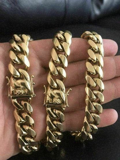 HARLEMBLING 14mm Men Miami Cuban Link Bracelet & Chain Set 14k Gold Plated