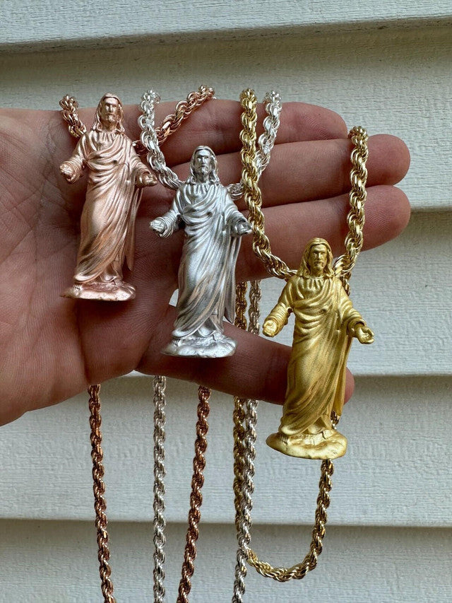 Heavy 3D Jesus Piece Real 925 Silver / 14k Yellow Rose Gold Pendant Necklace