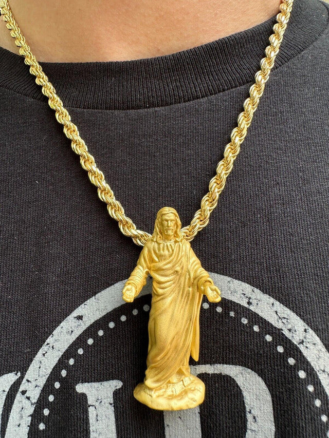 Heavy 3D Jesus Piece Real 925 Silver / 14k Yellow Rose Gold Pendant Necklace