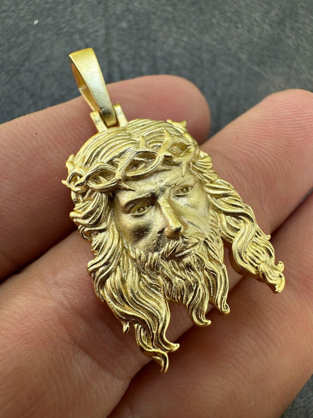 HEAVY SOLID Real 14k Gold Over 925 Sterling Silver Jesus Piece Pendant Necklace