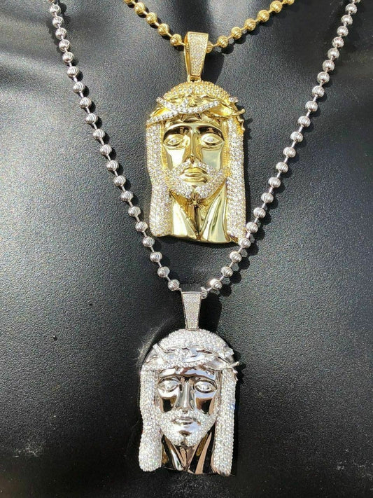 HUGE 3" Jesus Pendant Piece Solid 925 Silver 3ct ICY Diamond & Moon Cut Chain